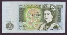 London Coins : A133 : Lot 2920 : One Pound Page. B339. 46R 000001. A rare number one note. UNC.