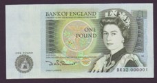 London Coins : A133 : Lot 2929 : One Pound Somerset. B341. BR32 000001. A sought after number one note. UNC.
