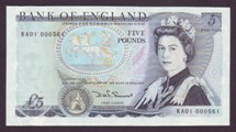 London Coins : A133 : Lot 2946 : Five Pounds Somerset. B345. RA01 000561. First series. Low number. UNC condition. 