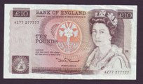 London Coins : A133 : Lot 2958 : Ten Pounds Somerset. B348. AZ77 277777. An attractive serial number. VF. 