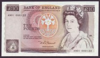 London Coins : A133 : Lot 2960 : Ten Pounds Somerset. B348. First series. AN01 000122. Very low number. UNC condition. Very scarce.