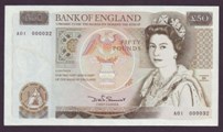 London Coins : A133 : Lot 2980 : Fifty Pounds Somerset. B352. A01 First series. A01 000032. Very low number. Rare. UNC. 
