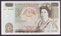 London Coins : A133 : Lot 2988 : Fifty Pounds Somerset. B352. First series. Low number. A01 001395. UNC.