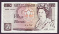 London Coins : A133 : Lot 2990 : Ten Pounds Gill. B354. JN25 000001. A rare number one note. EF.