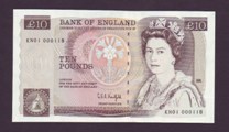 London Coins : A133 : Lot 3011 : Ten Pounds Kentfield. B360. KN01 First series. A desirable low number. KN01 000118. UNC.