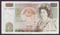 London Coins : A133 : Lot 3021 : Fifty Pounds Kentfield. B361. E01 First series. E01 000060. Very low number and scarce thus. UNC.