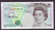 London Coins : A133 : Lot 3027 : Five Pounds Kentfield. B362. R01 000009. First series. Very low number. Very rare thus. UNC.