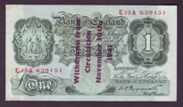 London Coins : A133 : Lot 3222 : One Pound Peppiatt. B239C. Guernsey overprint. E15A 639151. Good VF.