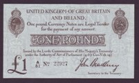 London Coins : A133 : Lot 3263 : One Pound Bradbury. T11/1. A/51 22927. EF with pinholes at left.