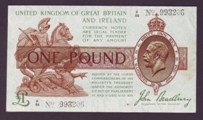 London Coins : A133 : Lot 3271 : One Pound Bradbury. T16. A/26 993206. First series. EF.