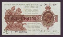 London Coins : A133 : Lot 3297 : One Pound Fisher. T31. Control Note. Z1/45 632296. VF.