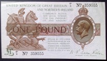 London Coins : A133 : Lot 3302 : Treasury &pound;1 Warren Fisher T34 issued 1927 first series S1/5 359555, almost UNC