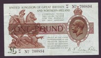 London Coins : A133 : Lot 3304 : One Pound Fisher. T35. W1/61 700894. Staple holes on left. Near EF