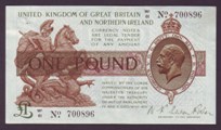 London Coins : A133 : Lot 3305 : One Pound Fisher. T35. W1/61 700896. Staple hole on left. About EF