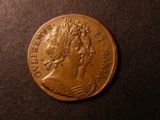 London Coins : A134 : Lot 2133 : Halfpenny 1694 Pattern Peck 598 29mm diameter VF/GVF with a verdigris spot by Britannia's elbow&...