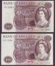 London Coins : A141 : Lot 160 : Ten pounds Page B326 issued 1971 (2) series B33 and C34, lion & key on reverse, about UN...