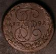 London Coins : A143 : Lot 1047 : Russia 5 Kopeks 1791EM C#59.3 struck off-centre, UNC or near so for wear, the reverse with some pitt...