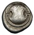 London Coins : A145 : Lot 1205 : Stater Ar. Thebes.  Boeotia.  C, 395-338 BC.  Obv; Boeotian shield.  Rev; Amphora, bunch of grapes a...