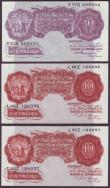 London Coins : A145 : Lot 62 : Ten shillings Peppiatt mauve B251 issued 1940 series Y77D 609903 pressed EF and a consecutive pair B...