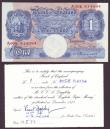 London Coins : A146 : Lot 125 : One pound Peppiatt blue B249 issued 1940 series A05E 814084 cleaned & pressed EF, comes with a h...