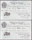 London Coins : A146 : Lot 131 : Five pounds Peppiatt white B255 thick paper (2) a consecutively numbered pair dated 30th October 194...