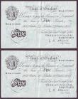 London Coins : A147 : Lot 100 : Five pounds O'Brien white B276 (2) a consecutively numbered pair dated 22nd October 1955 series...