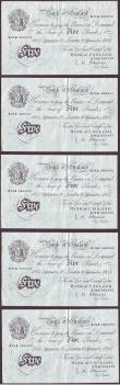 London Coins : A147 : Lot 104 : Five pounds O'Brien white B276 (5) a consecutively numbered run dated 9th September 1955 series...