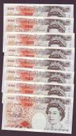 London Coins : A147 : Lot 150 : Ten pounds Kentfield B366 issued 1992 (8) 1st series consecutive runs of A01 636521 to A01 636525 &a...