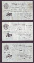 London Coins : A147 : Lot 49 : Five pounds Peppiatt white (3) B255 thick paper 1945 tear & inked numbers, also B264 (2) thin pa...