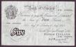 London Coins : A147 : Lot 50 : Five pounds Peppiatt white B255 thick paper dated 11th August 1945 series J95 040986, surface dirt, ...