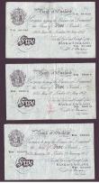 London Coins : A147 : Lot 62 : Five pounds Beale white B270 (3) all dated 1952 series W88, X82 & Y19, all with inked numbers, b...