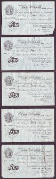 London Coins : A147 : Lot 83 : Five pounds O'Brien white (5) all dated 1955, B275 series Z24 inked numbers, Z70 tape repair &a...