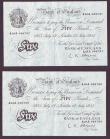 London Coins : A147 : Lot 97 : Five pounds O'Brien white B276 (2) a consecutively numbered pair dated 13th July 1955 series A2...