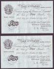 London Coins : A147 : Lot 99 : Five pounds O'Brien white B276 (2) a consecutively numbered pair dated 22nd July 1955 series A3...
