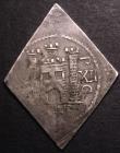London Coins : A148 : Lot 1574 : Shilling Charles I 1648 Pontefract besieged, lozenge-shaped with XII to right of castle, dividing PC...