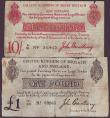 London Coins : A148 : Lot 36 : One pound Bradbury T11 and 10 shilling T12 badly executed contemporary forgeries, both with tears, t...