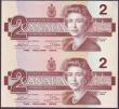 London Coins : A151 : Lot 204 : Canada $2 uncut pair dated 1986, upper note series BGM7441838 & lower note BGM7444338, (this com...