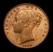 London Coins : A152 : Lot 2187 : Farthing 1839 2-pronged Trident, FID.DEF. legend CGS variety 08, UNC and lustrous with some toning, ...