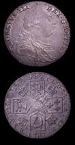 London Coins : A152 : Lot 3373 : Shillings (2) 1787 Hearts ESC 1225 NEF with some old scratches on the obverse, comes with old collec...