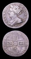 London Coins : A153 : Lot 2308 : Sixpences (2) 1703 VIGO ESC 1582 Fine, 1708 Edinburgh bust E* below ESC 1593B Near Fine/Fine