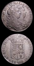 London Coins : A155 : Lot 1050 : Halfcrowns 1689 (2) First Shield, Caul only frosted, with pearls, ESC 505 Good Fine/Fine, Second Shi...