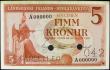 London Coins : A156 : Lot 167 : Iceland 5 Kronur SPECIMEN issued 1957 series A000000, perforated CANCELLED & 042, 2 cancellation...