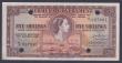 London Coins : A157 : Lot 114 : Bermuda 5 shillings dated 1952 series K/1 937001, a normal issued note used as a SPECIMEN with 4 pun...