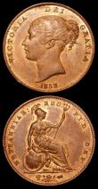 London Coins : A157 : Lot 3531 : Penny 1858 Small Date, WW on truncation Peck  1517 EF with traces of lustre, Halfpenny 1838 Peck 152...