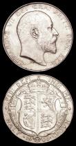 London Coins : A158 : Lot 2268 : Halfcrowns (2) 1906 ESC 751 EF with a metal flaw on the obverse, 1908 ESC 753 GVF/NEF