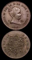 London Coins : A159 : Lot 3409 : Spain Maravedi (2) 1842 Segovia Mint, mintmark Aqueduct KM#525.3 EF with a few light surface marks, ...