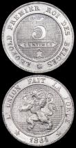 London Coins : A160 : Lot 1024 : Belgium (2) 5 Centimes 1864 KM#21 UNC and lustrous with golden tone, scarce, 10 Centimes 1864 KM#22 ...
