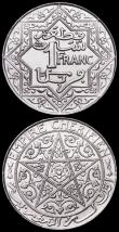 London Coins : A160 : Lot 1187 : Morocco 1 Franc (2) 1921 Pa Y#36.1 Lustrous UNC, 1924 Py Y#36.2 Thunderbolt below 1 Lustrous UNC
