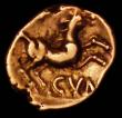 London Coins : A160 : Lot 1896 : Celtic Au Quarter Stater Catuvellauni Cunobelin c.20AD, Wild type, CA-M beside cornea, Rev CVN below...