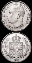 London Coins : A160 : Lot 3438 : Romania 100 Lei (2) 1936 KM#54 EF/AU and lustrous, 1938 KM#54 EF both with contact marks
